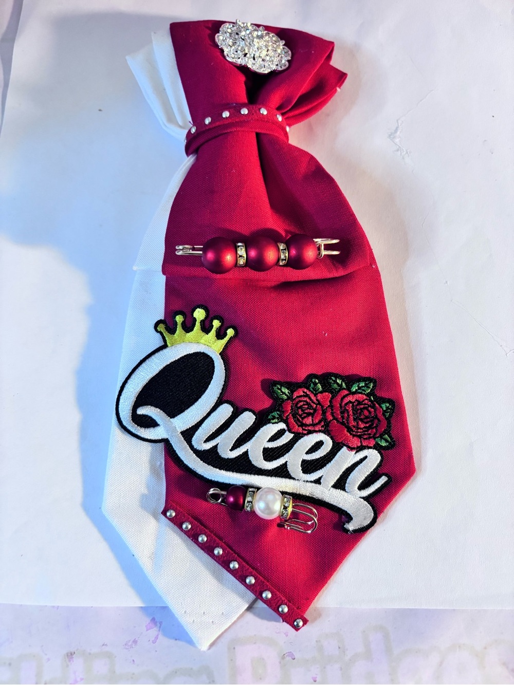 Embroidered 'Queen' Red & White Decorative Tie Accent